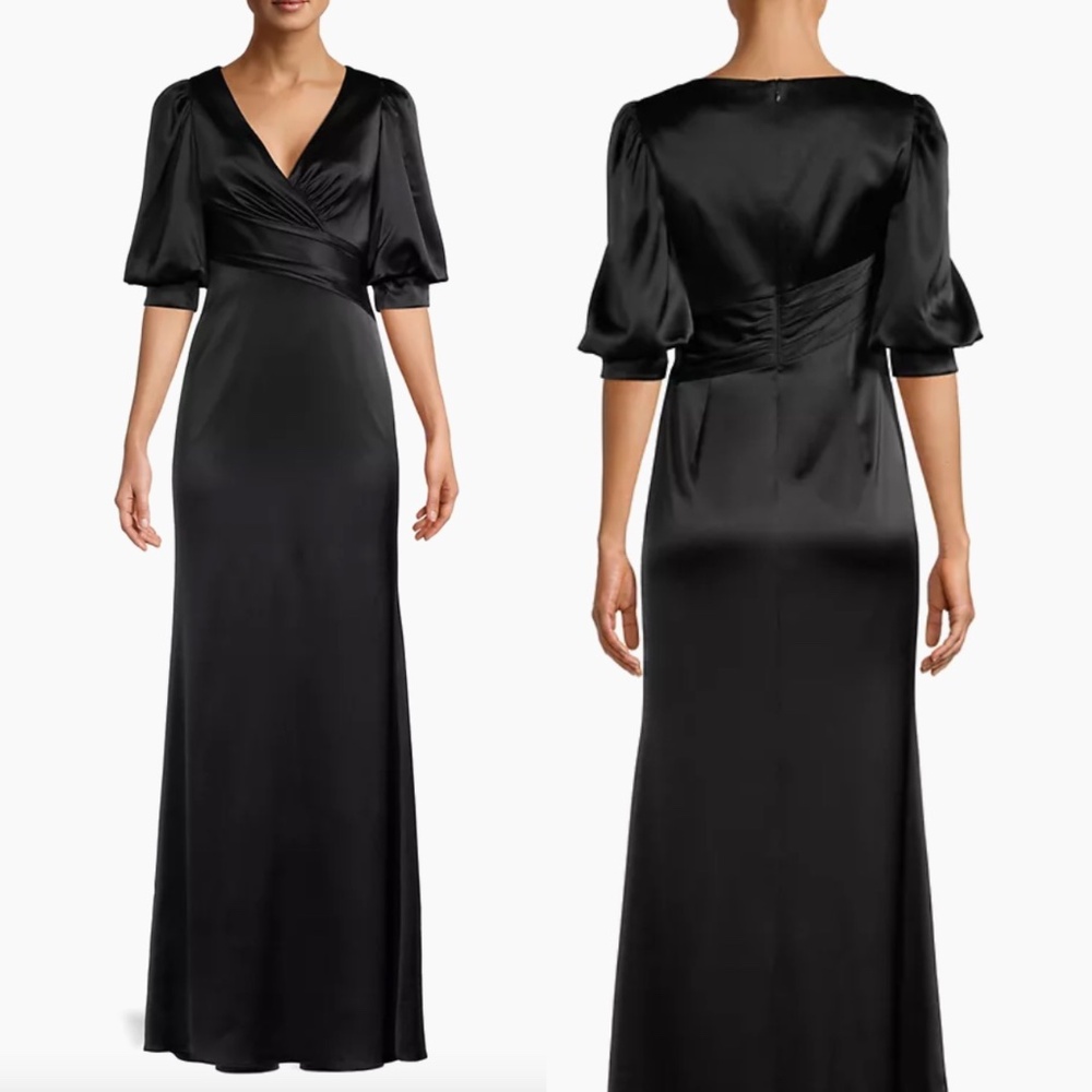Aidan Mattox Puff Sleeve Satin Gown Draped V-Neck Black Lined Maxi Dress